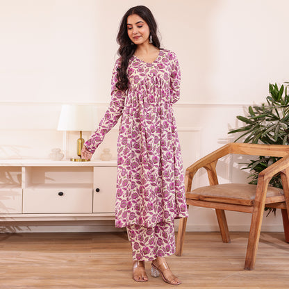 Purple & White Floral Printed Alia Cut Cotton Co-ord set