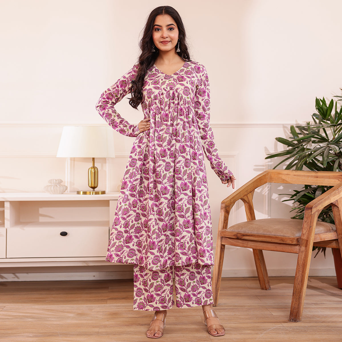 Purple & White Floral Printed Alia Cut Cotton Co-ord set