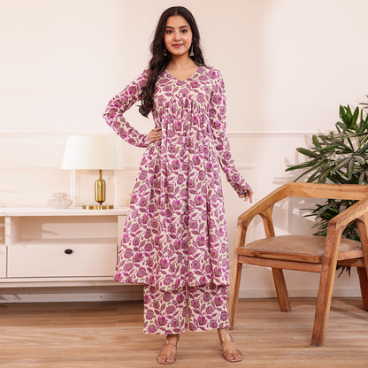 Purple & White Floral Printed Alia Cut Cotton Co-ord set