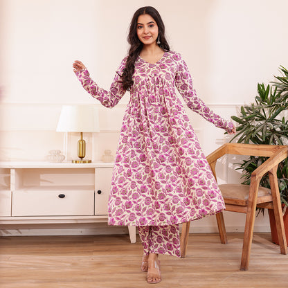 Purple & White Floral Printed Alia Cut Cotton Co-ord set