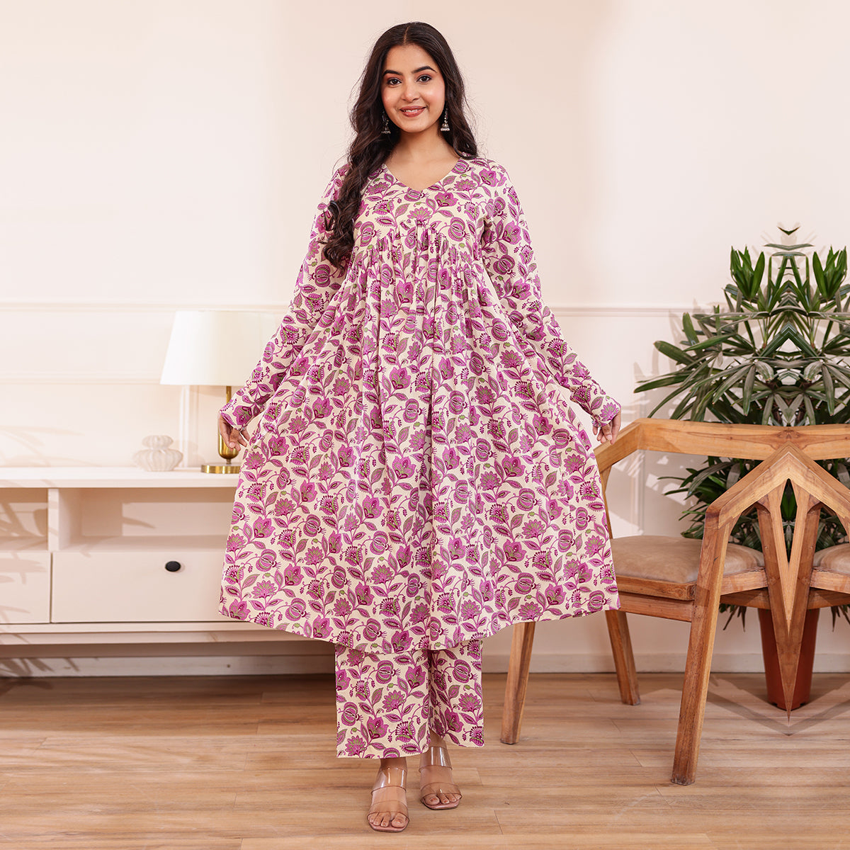 Ivory & Purple Floral Print Alia Cut Kurta with Palazzo