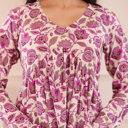 Purple & White Floral Printed Alia Cut Cotton Co-ord set
