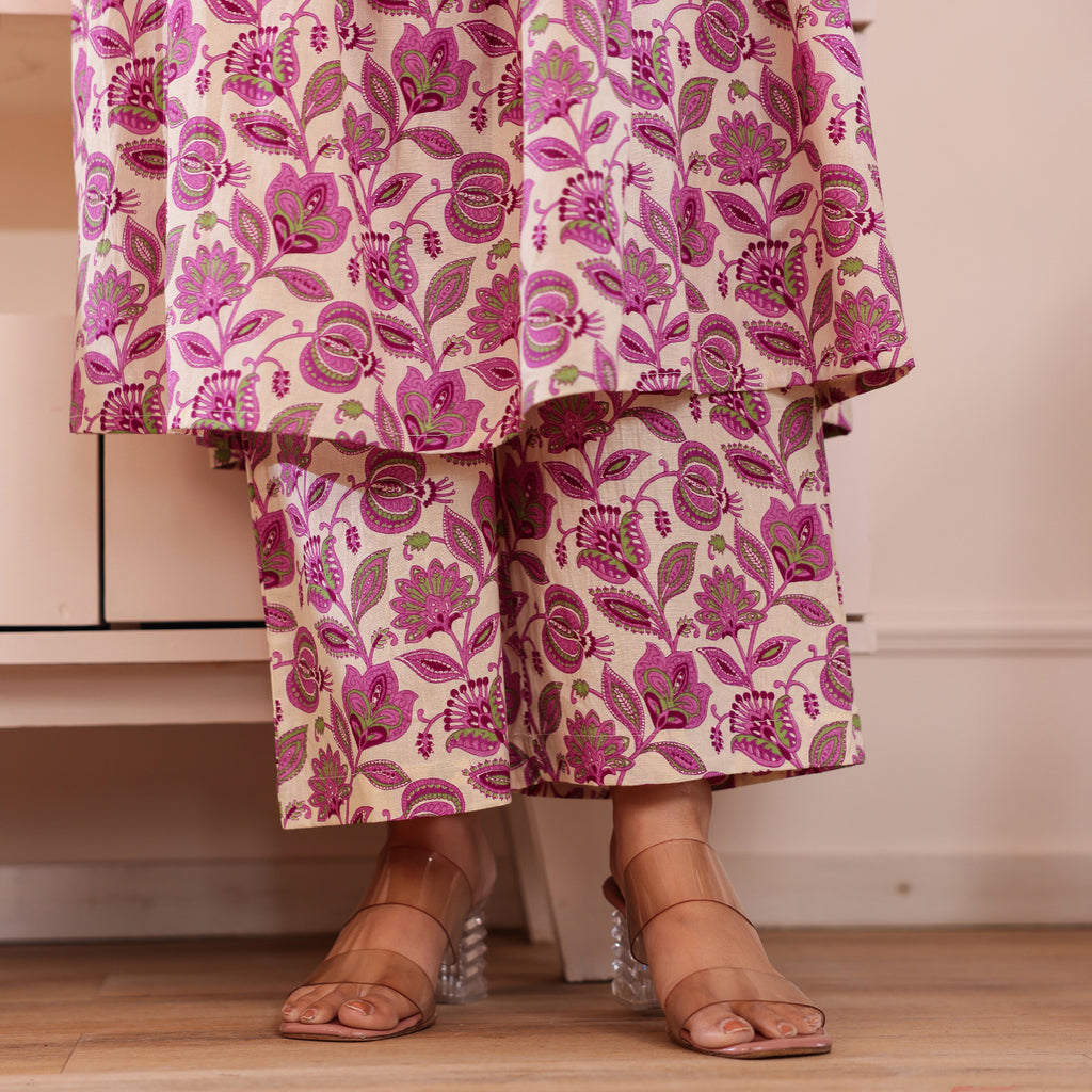 Purple & White Floral Printed Alia Cut Cotton Co-ord set