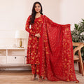 Red Floral Printed Alia Cut Cotton Kurta Palazzo Set With Dupatta
