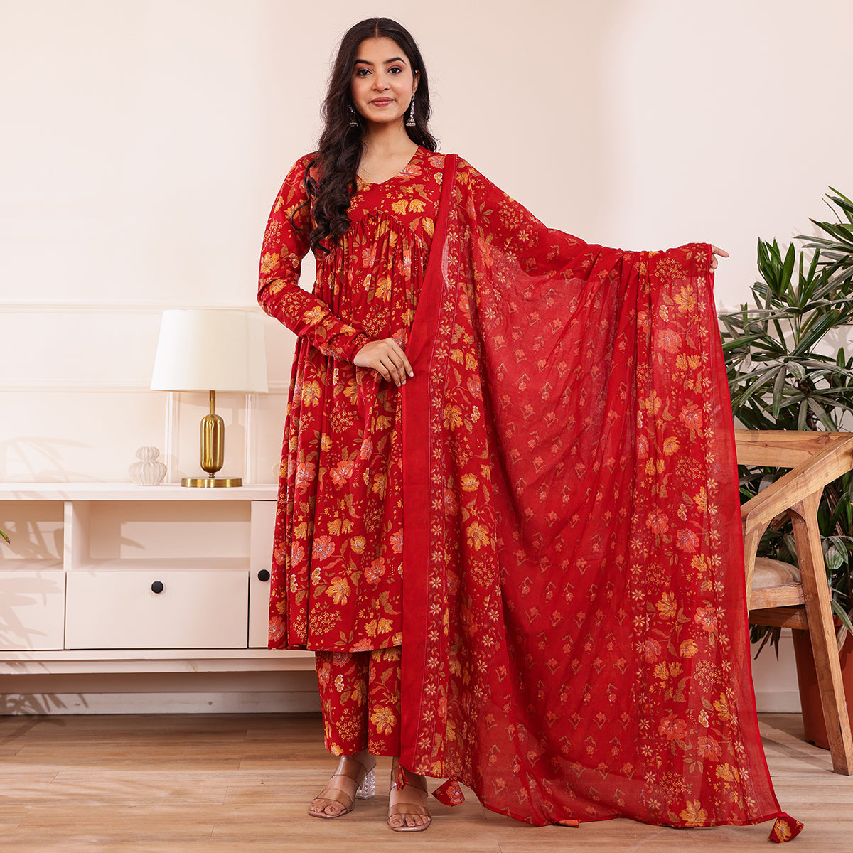 Red Floral Print Alia Cut Cotton Kurta with Palazzo and Dupatta Set