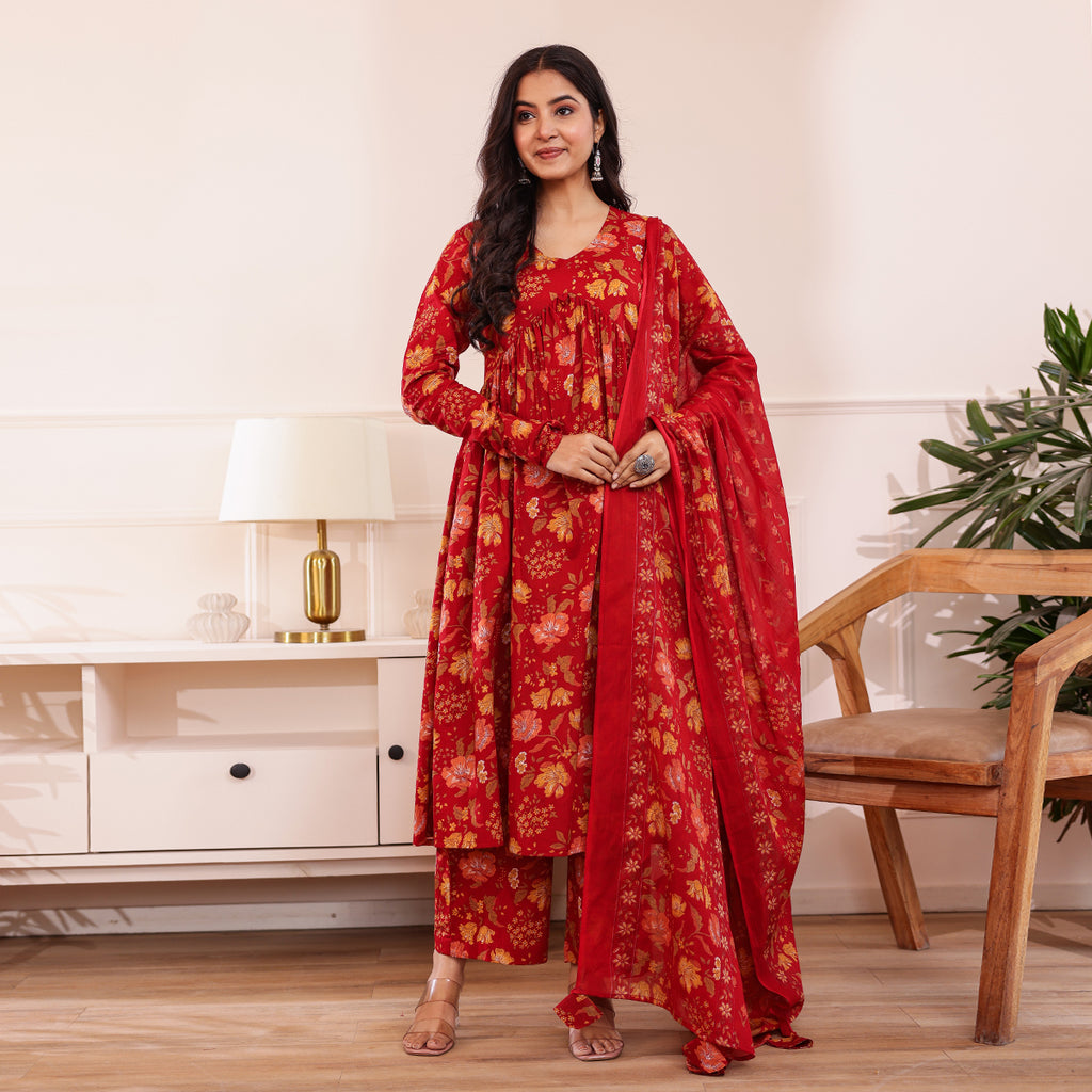 Red Floral Printed Alia Cut Cotton Kurta Palazzo Set With Dupatta