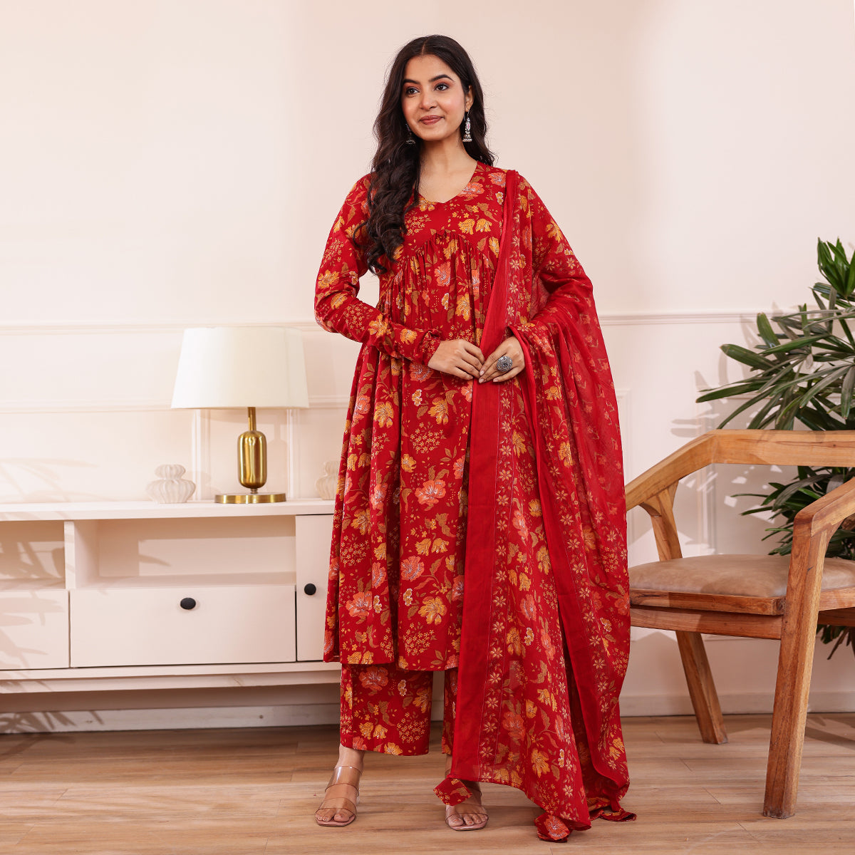 Red Floral Printed Alia Cut Cotton Kurta Palazzo Set With Dupatta