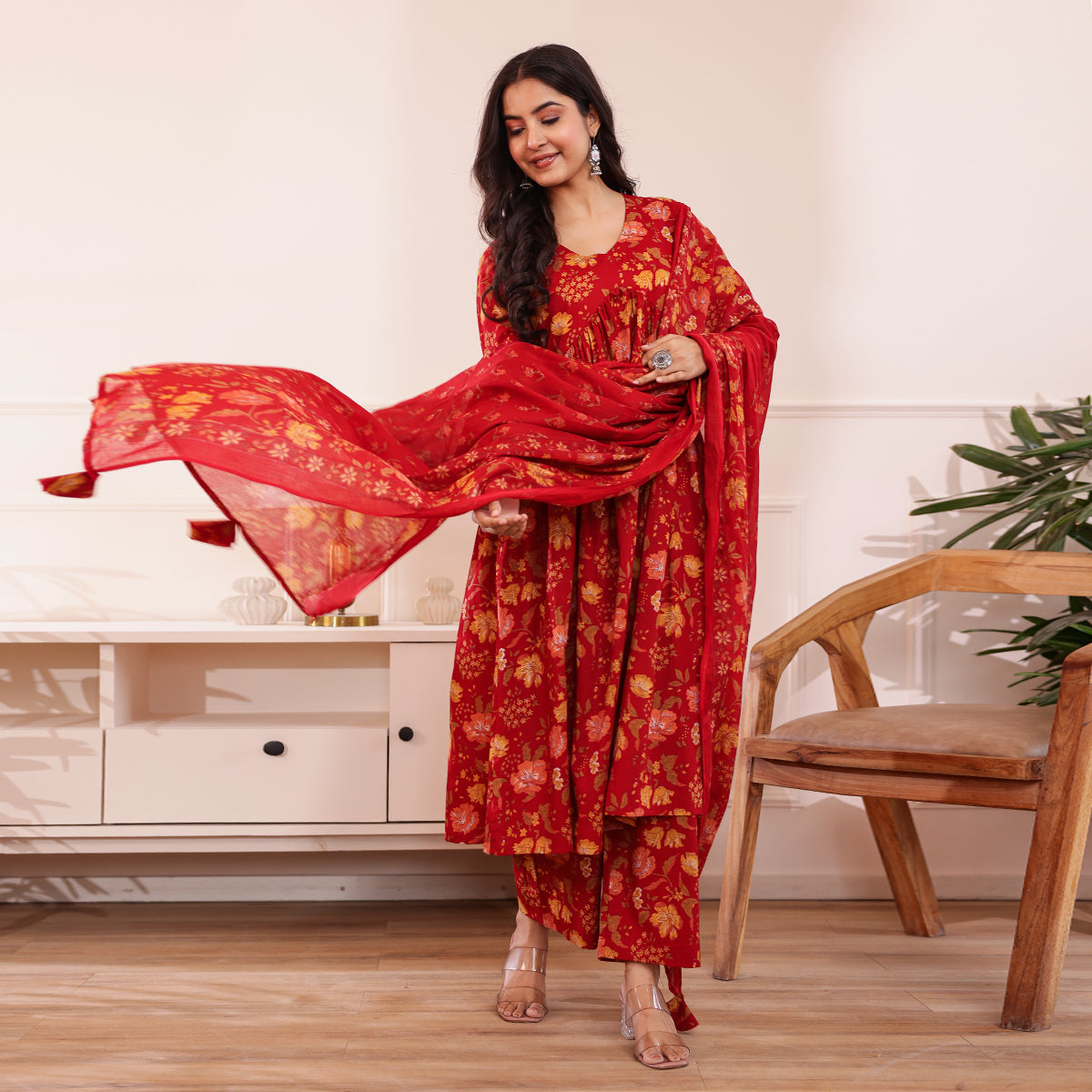 Red Floral Printed Alia Cut Cotton Kurta Palazzo Set With Dupatta