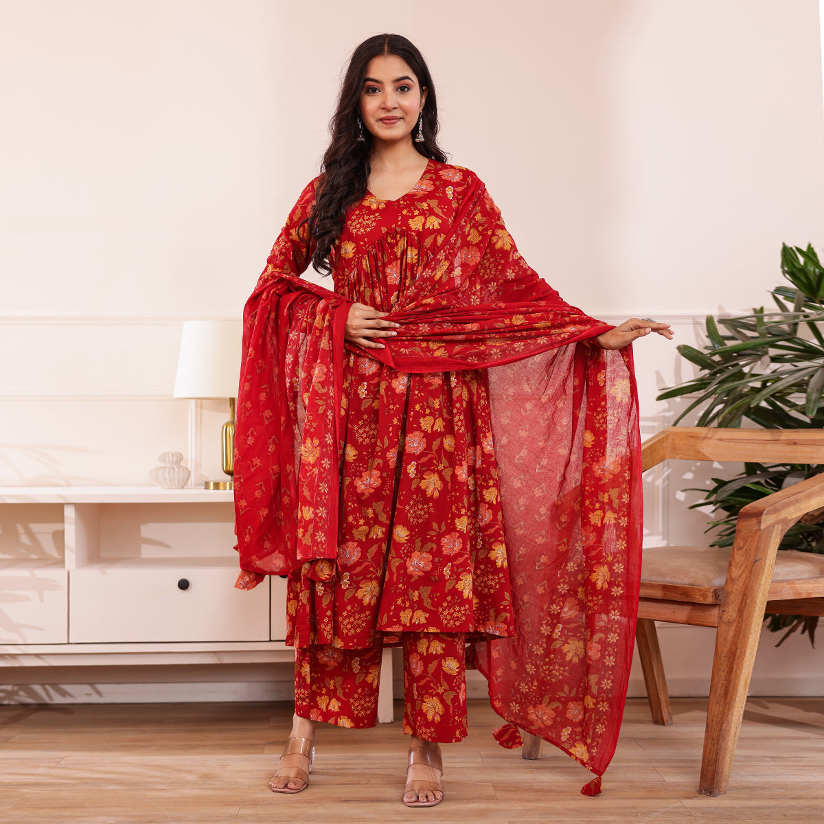 Red Floral Print Alia Cut Cotton Kurta with Palazzo and Dupatta Set