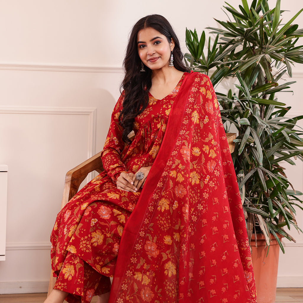 Red Floral Printed Alia Cut Cotton Kurta Palazzo Set With Dupatta