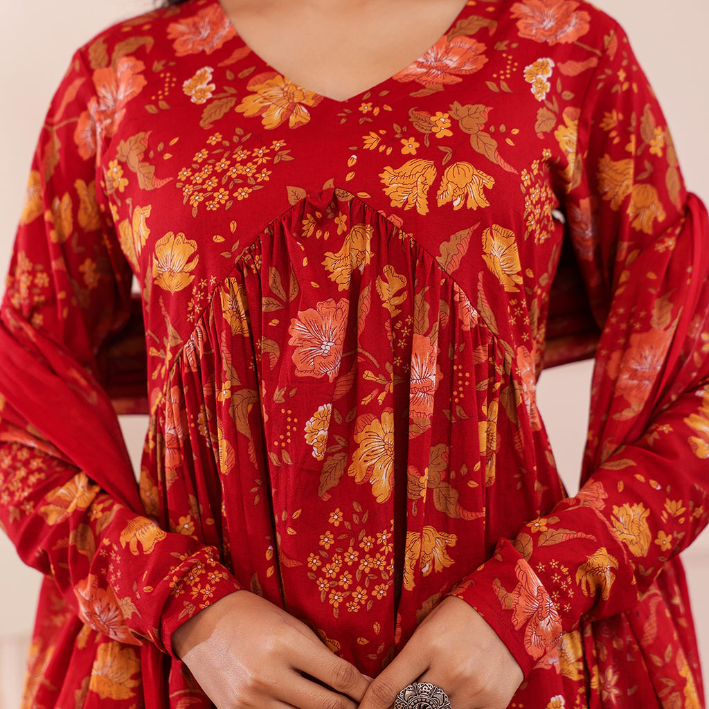 Red Floral Printed Alia Cut Cotton Kurta Palazzo Set With Dupatta