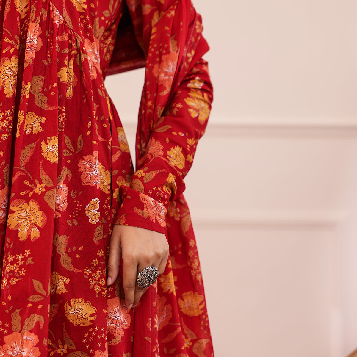 Red Floral Printed Alia Cut Cotton Kurta Palazzo Set With Dupatta