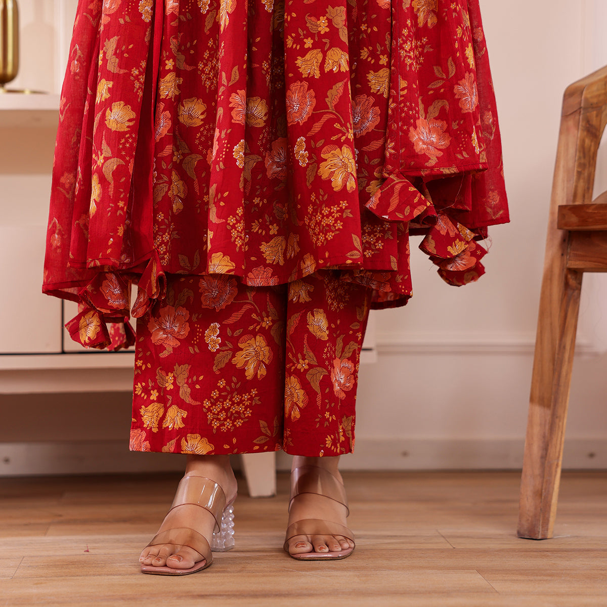Red Floral Printed Alia Cut Cotton Kurta Palazzo Set With Dupatta