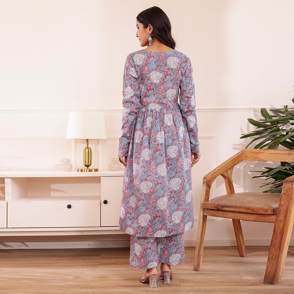 Pastel Blue Floral Printed Alia Cut Cotton Co-ord set