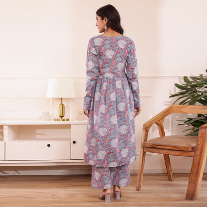 Pastel Blue Floral Printed Alia Cut Cotton Co-ord set