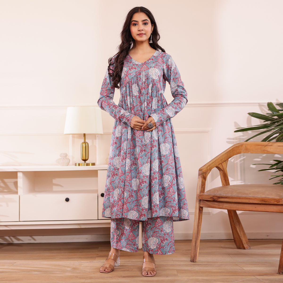 Blue & Coral Floral Print Alia Cut Kurta with Palazzo
