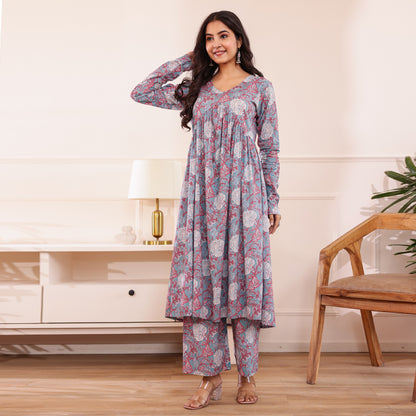 Pastel Blue Floral Printed Alia Cut Cotton Co-ord set