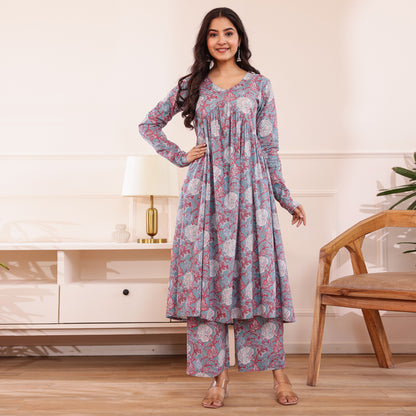 Pastel Blue Floral Printed Alia Cut Cotton Co-ord set