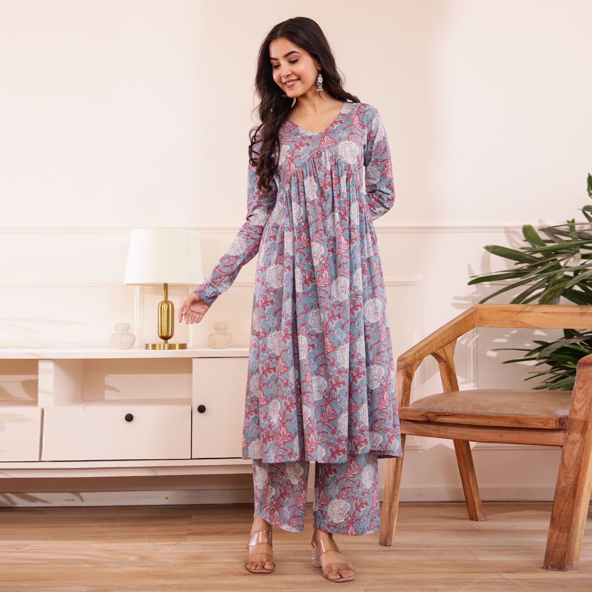Blue & Coral Floral Print Alia Cut Kurta with Palazzo