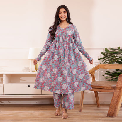 Pastel Blue Floral Printed Alia Cut Cotton Co-ord set
