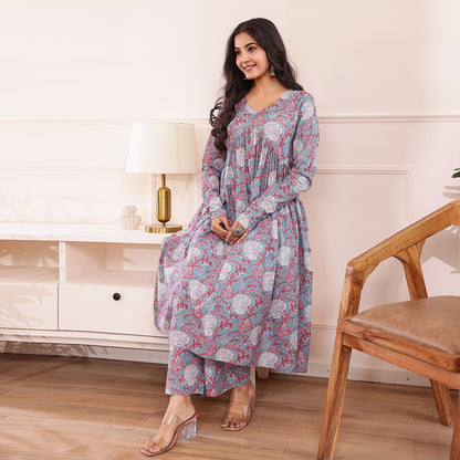 Pastel Blue Floral Printed Alia Cut Cotton Co-ord set