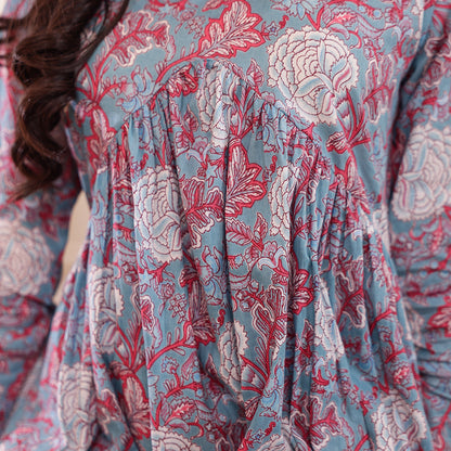 Pastel Blue Floral Printed Alia Cut Cotton Co-ord set