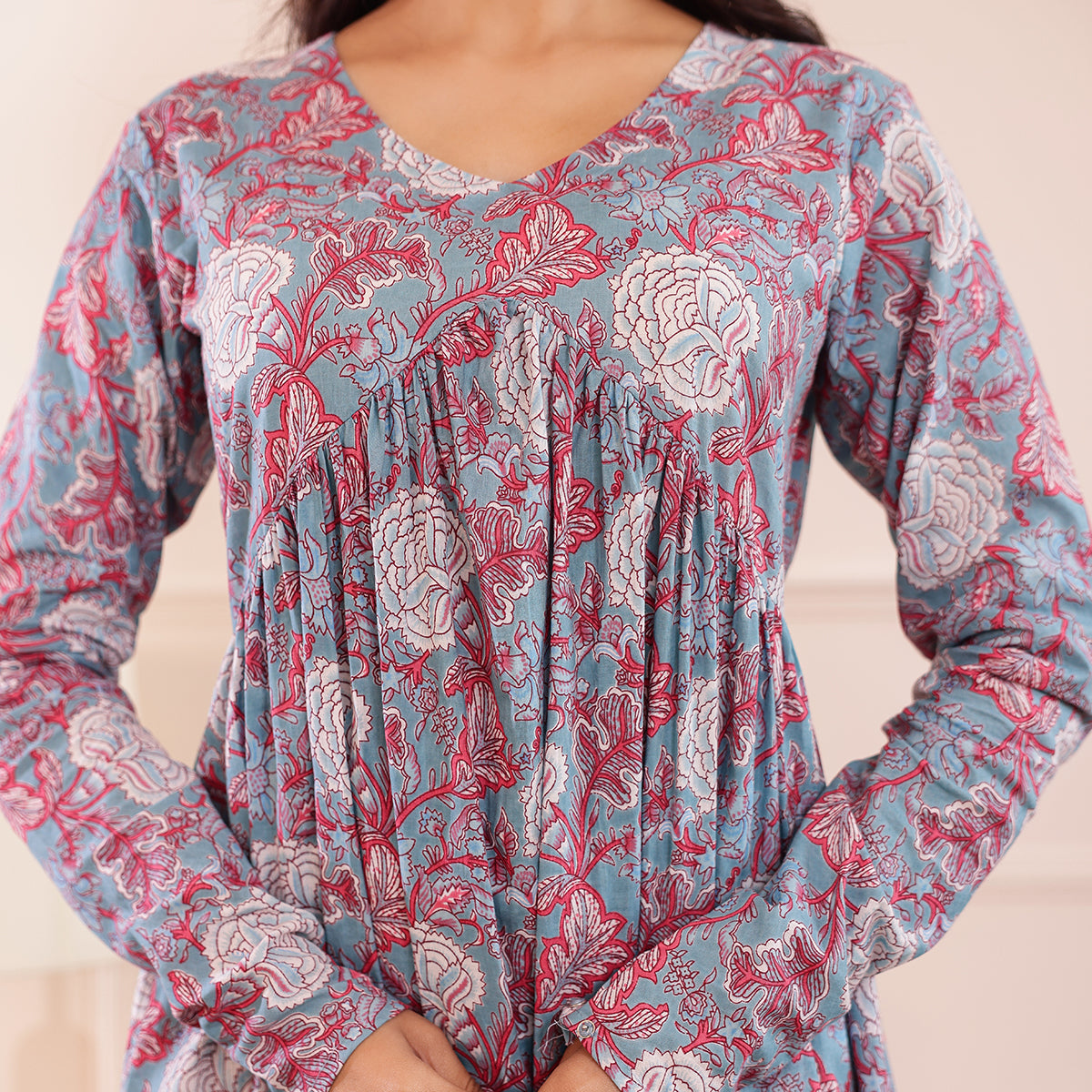 Pastel Blue Floral Printed Alia Cut Cotton Co-ord set