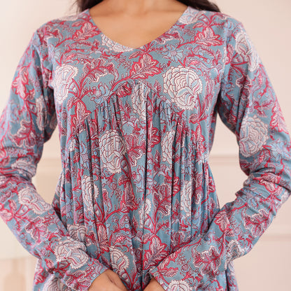 Pastel Blue Floral Printed Alia Cut Cotton Co-ord set