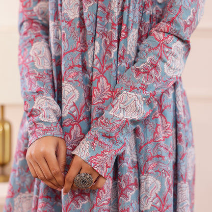 Pastel Blue Floral Printed Alia Cut Cotton Co-ord set
