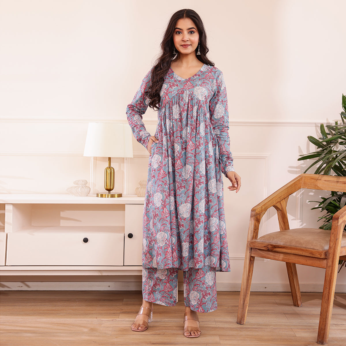 Pastel Blue Floral Printed Alia Cut Cotton Co-ord set