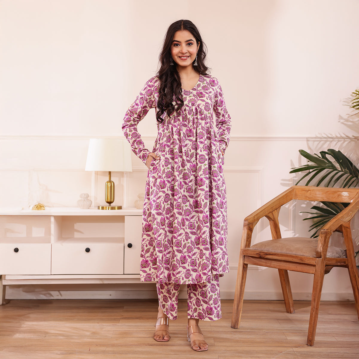 Ivory & Purple Floral Print Alia Cut Kurta with Palazzo