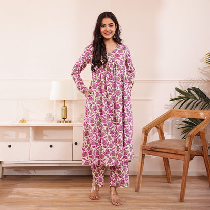 Purple & White Floral Printed Alia Cut Cotton Co-ord set