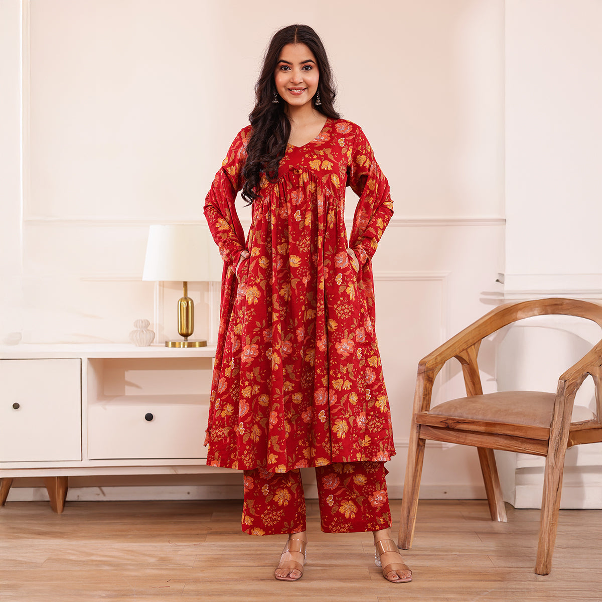 Red Floral Printed Alia Cut Cotton Kurta Palazzo Set With Dupatta