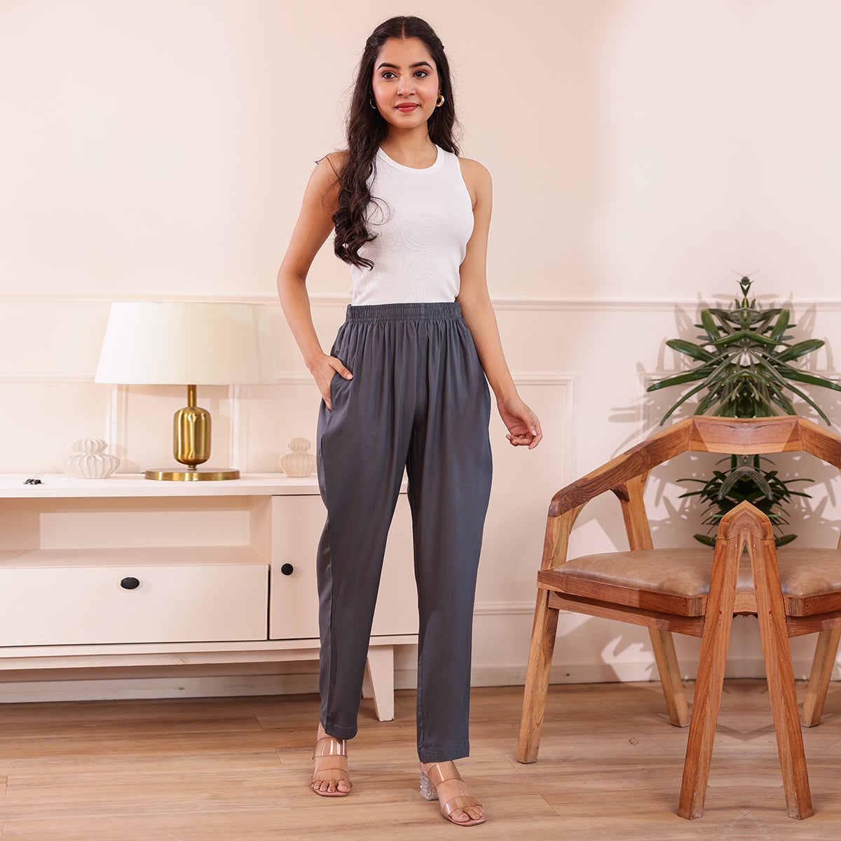 Slim Fit Mid-Rise Dark Grey Narrow Pant