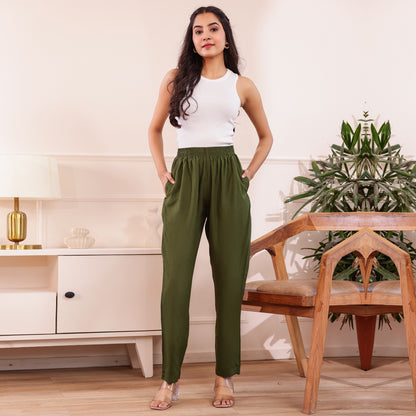 Slim Fit Mid-Rise Mehndi Green Narrow Pant