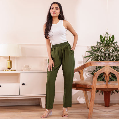 Slim Fit Mid-Rise Mehndi Green Narrow Pant
