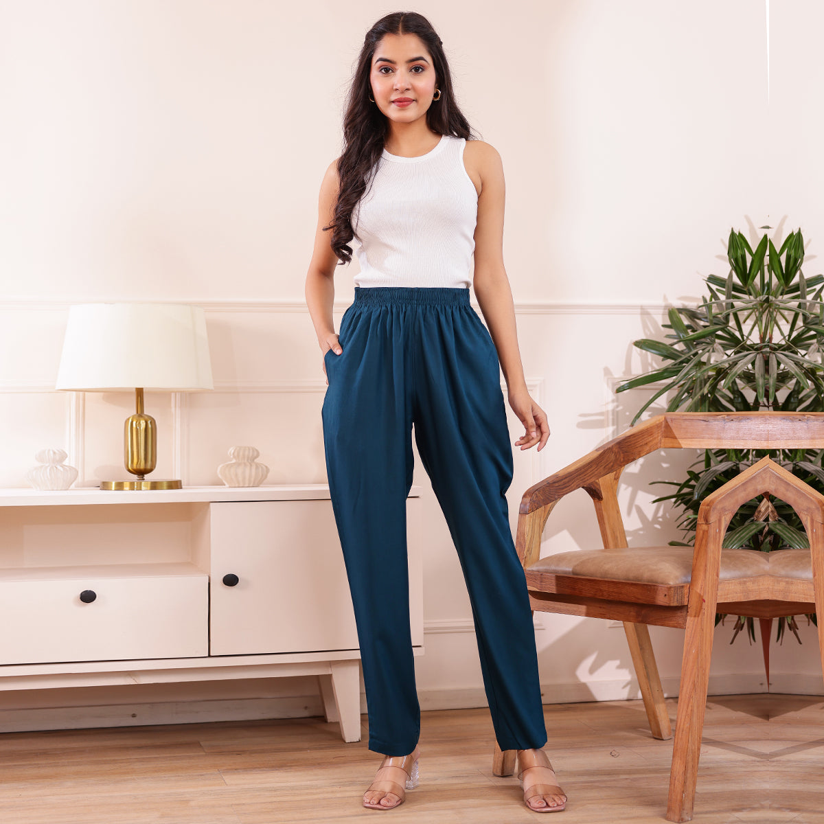 Slim Fit Mid-Rise Teal Blue Narrow Pant