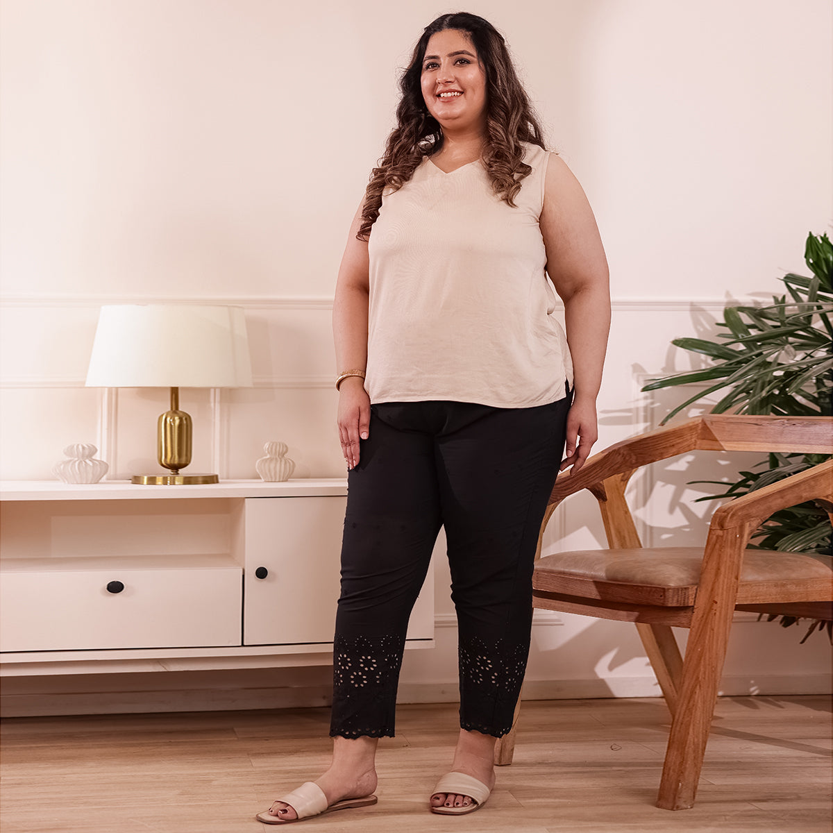 Cotton Embroidered Ankle-Length Pants for Women-Black