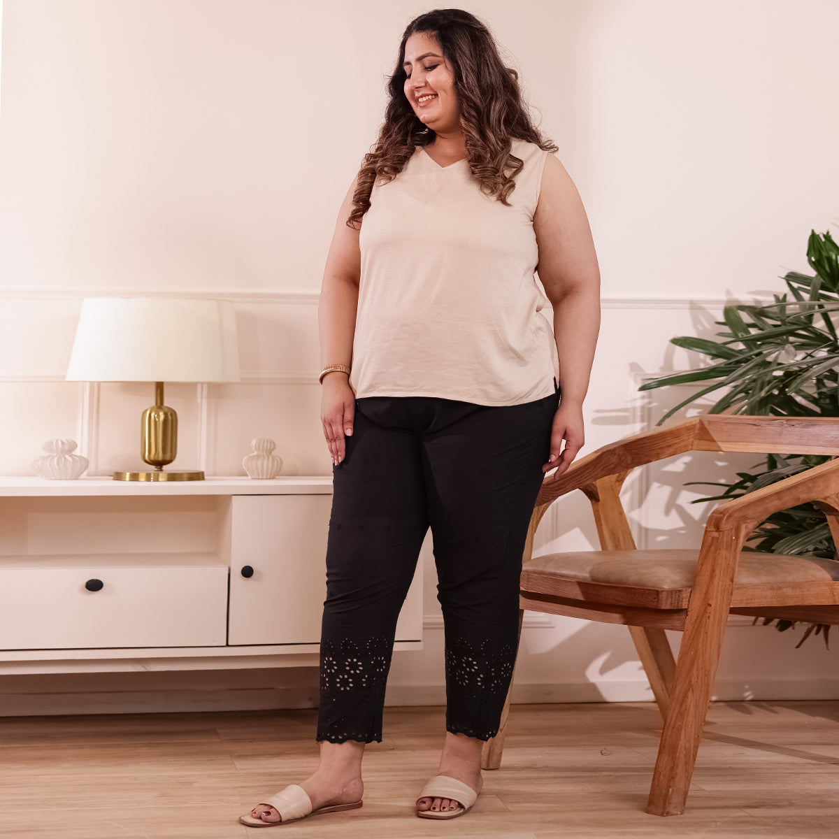 Cotton Embroidered Ankle-Length Pants for Women-Black