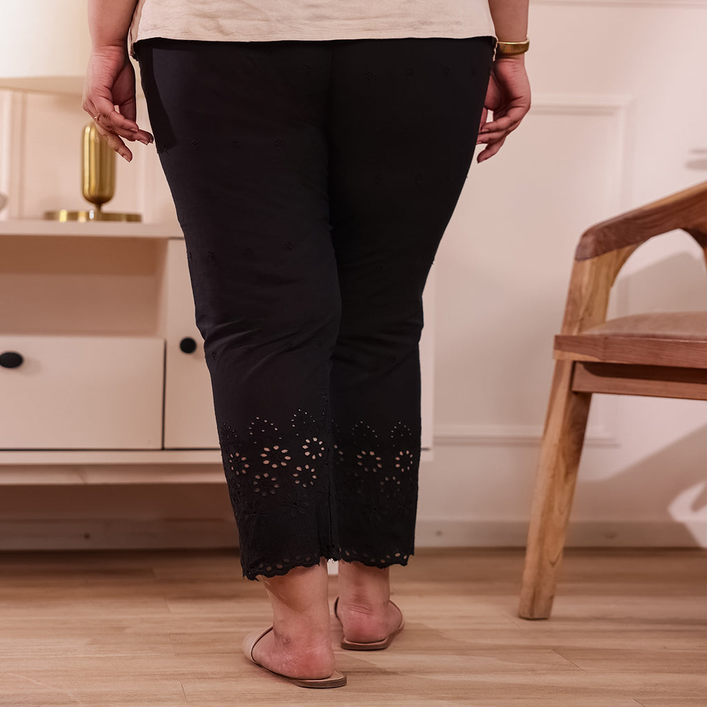 Cotton Embroidered Ankle-Length Pants for Women-Black