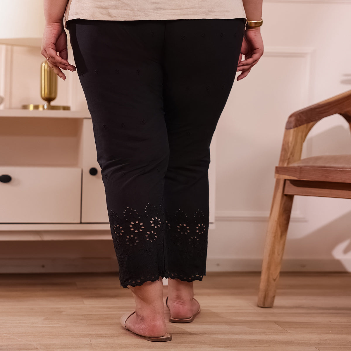 Cotton Embroidered Ankle-Length Pants for Women-Black