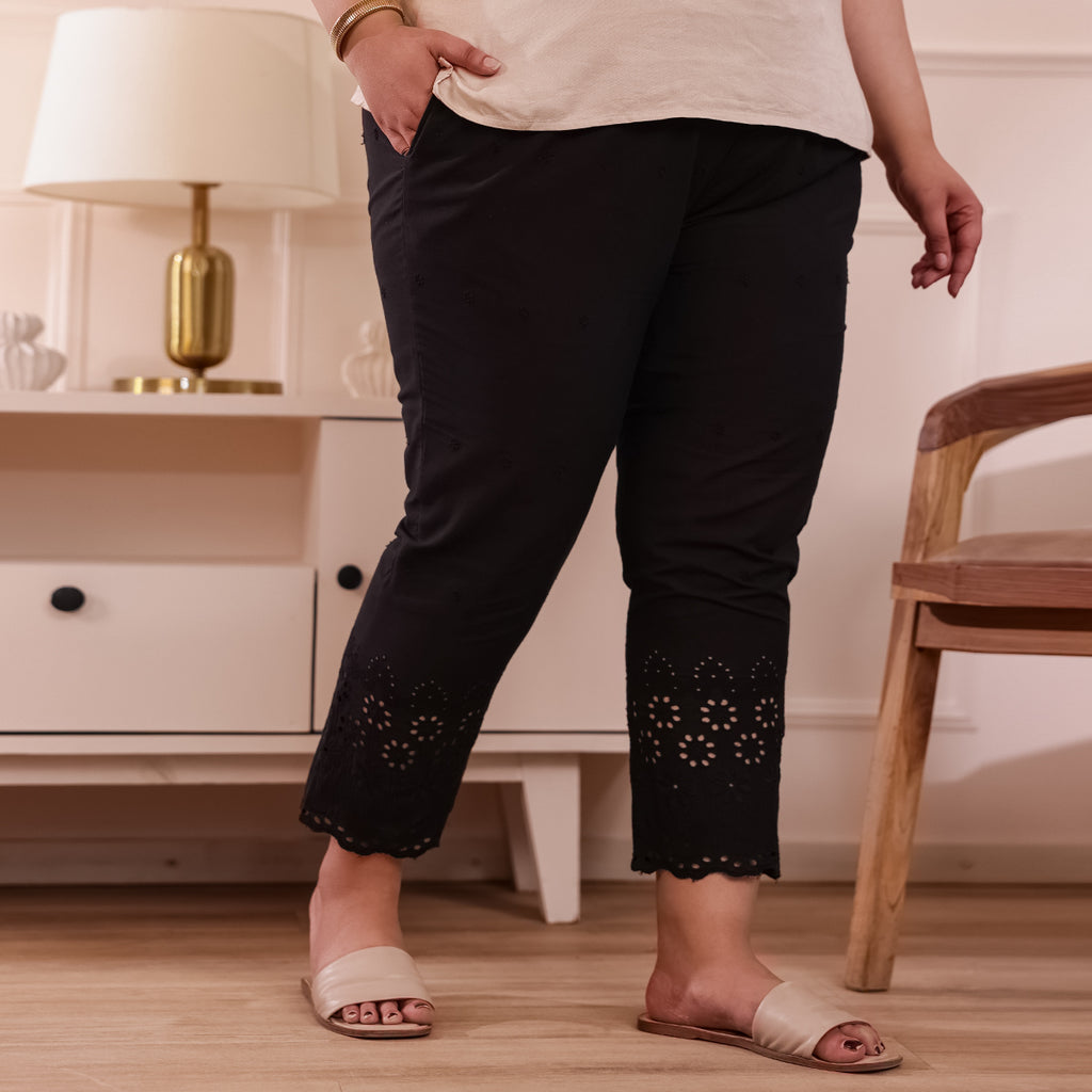 Cotton Embroidered Ankle-Length Pants for Women-Black