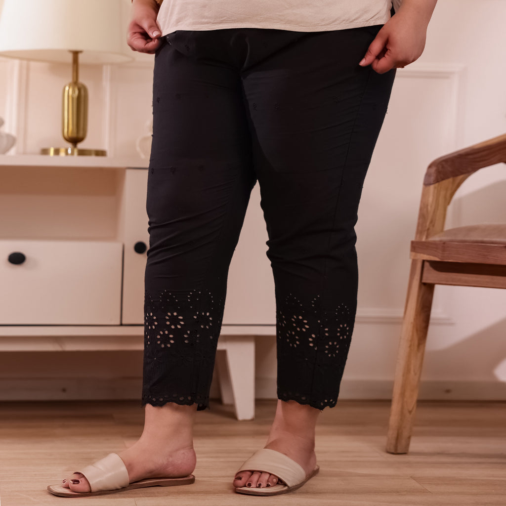Cotton Embroidered Ankle-Length Pants for Women-Black