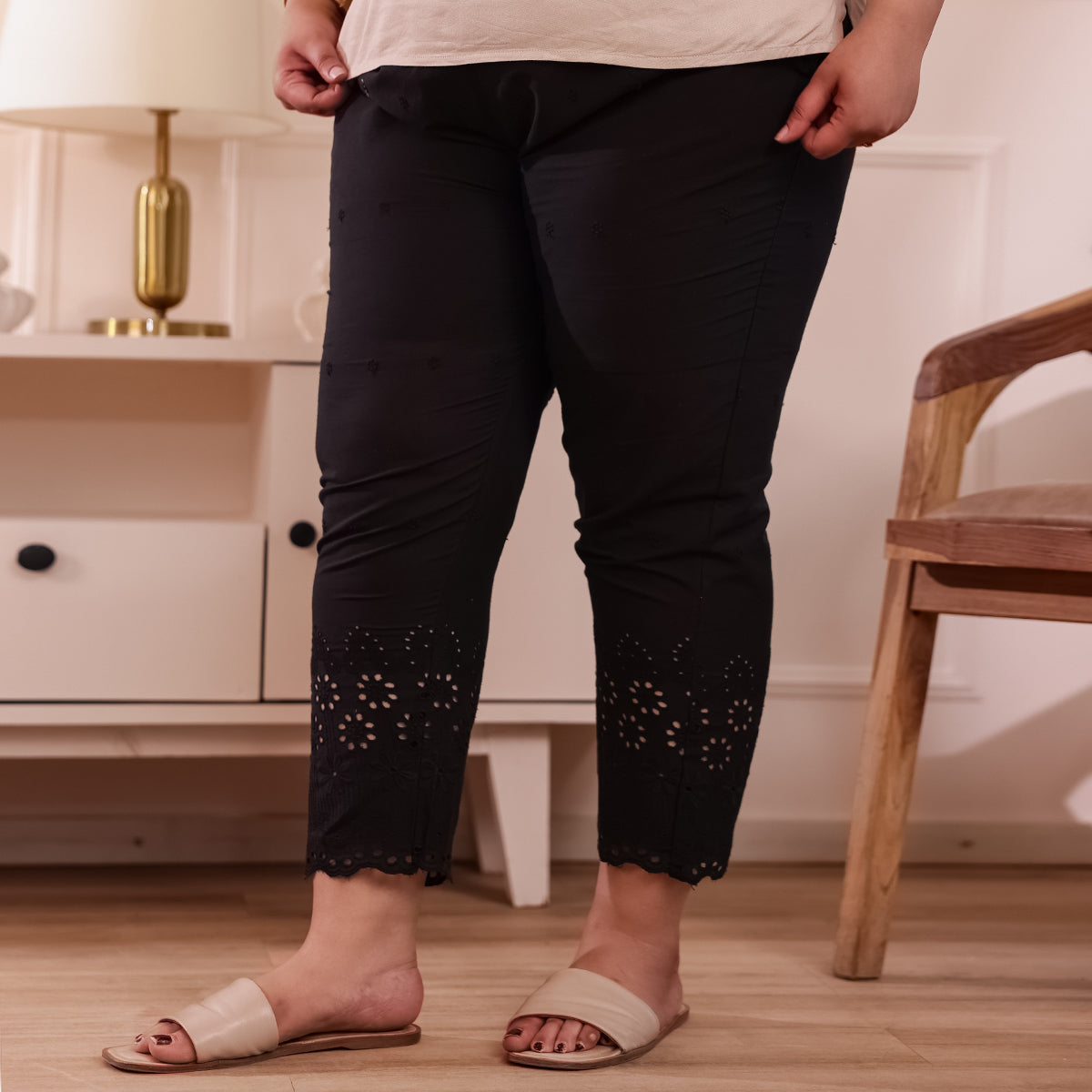 Cotton Embroidered Ankle-Length Pants for Women-Black