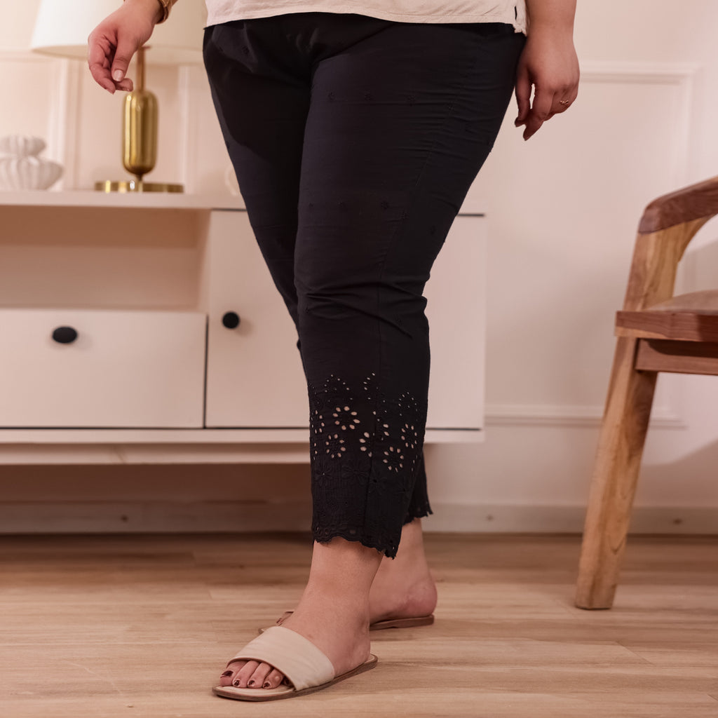 Cotton Embroidered Ankle-Length Pants for Women-Black
