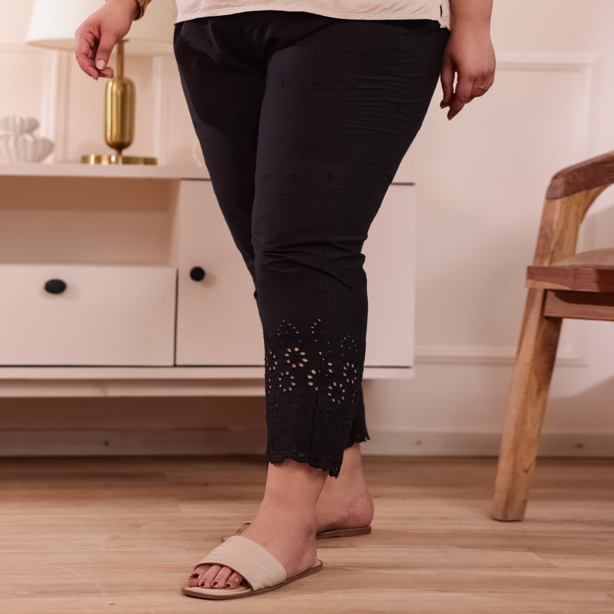 Cotton Embroidered Ankle-Length Pants for Women-Black