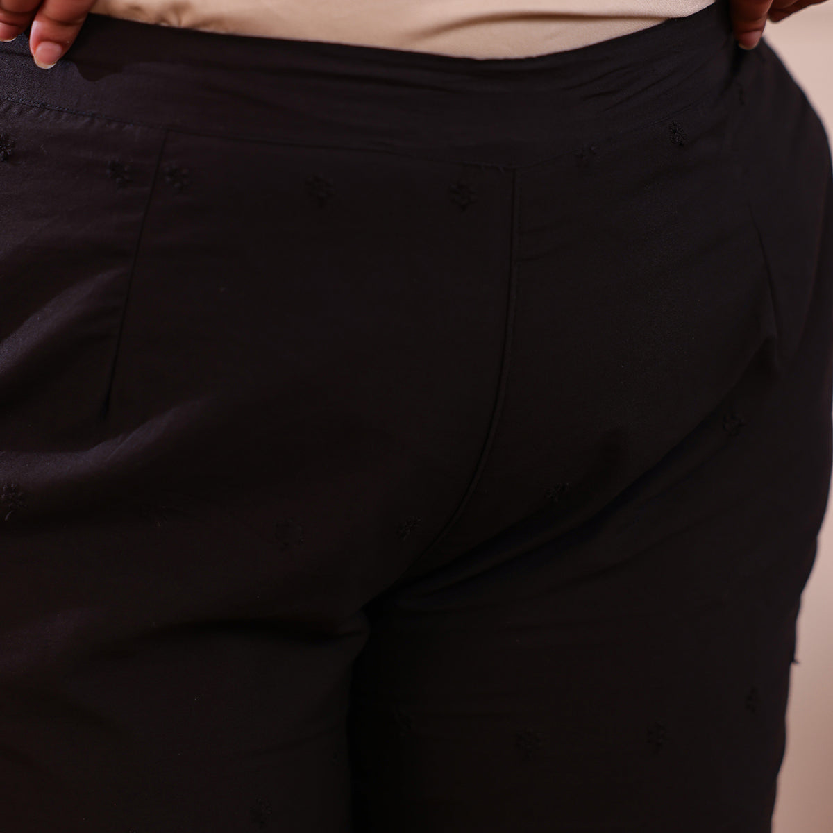Cotton Embroidered Ankle-Length Pants for Women-Black