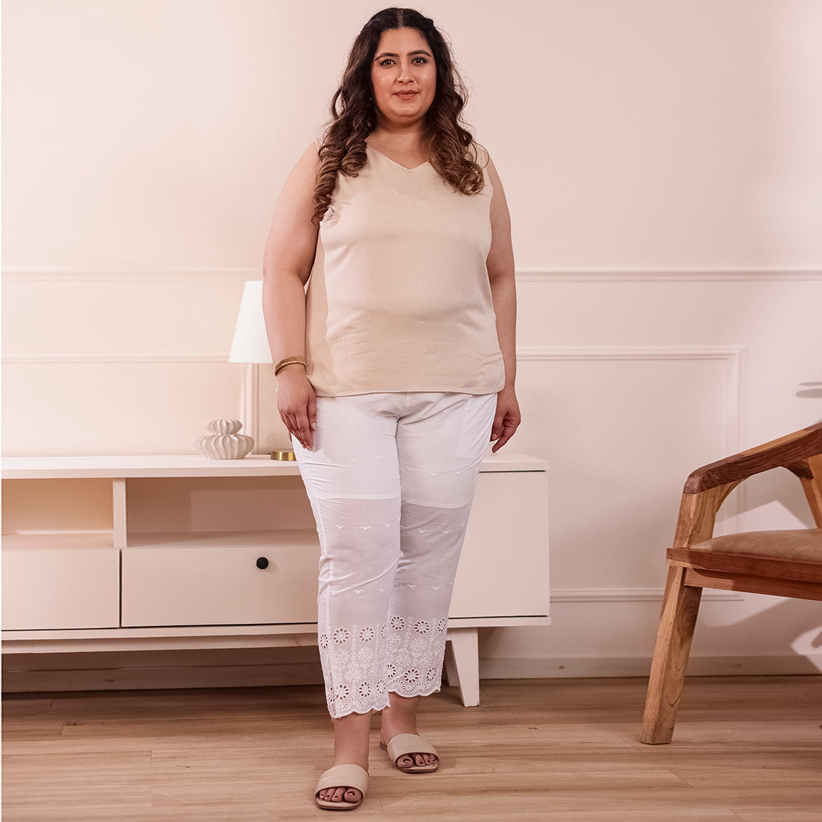 Cotton Embroidered Ankle-Length Pants for Women-White