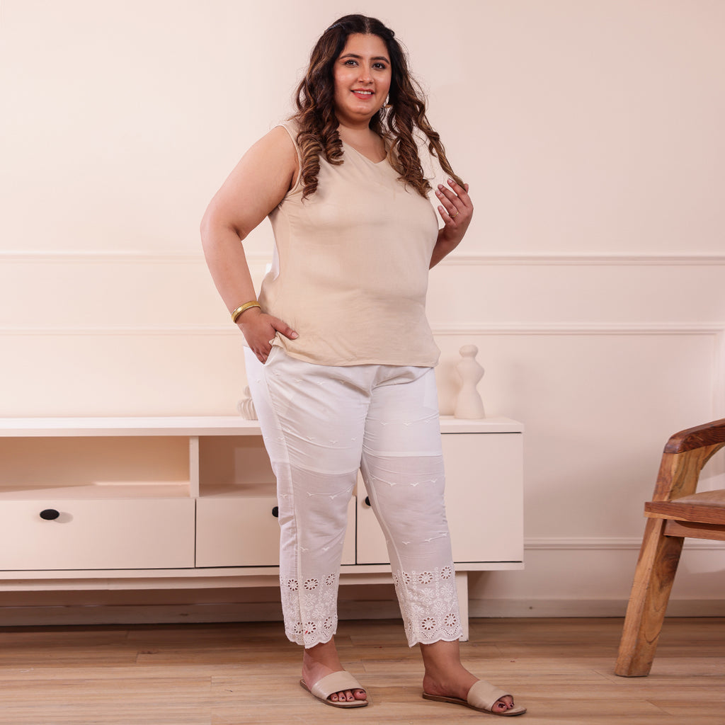 Cotton Embroidered Ankle-Length Pants for Women-White