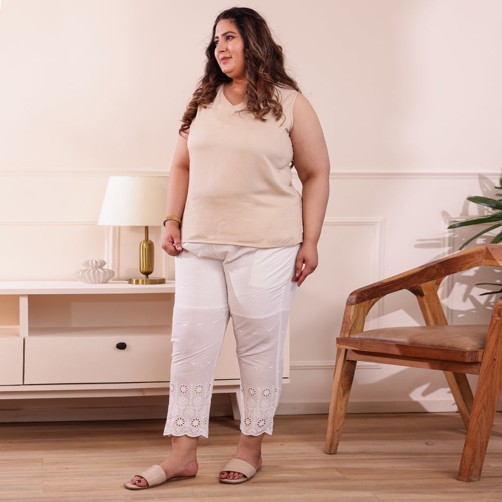 Cotton Embroidered Ankle-Length Pants for Women-White